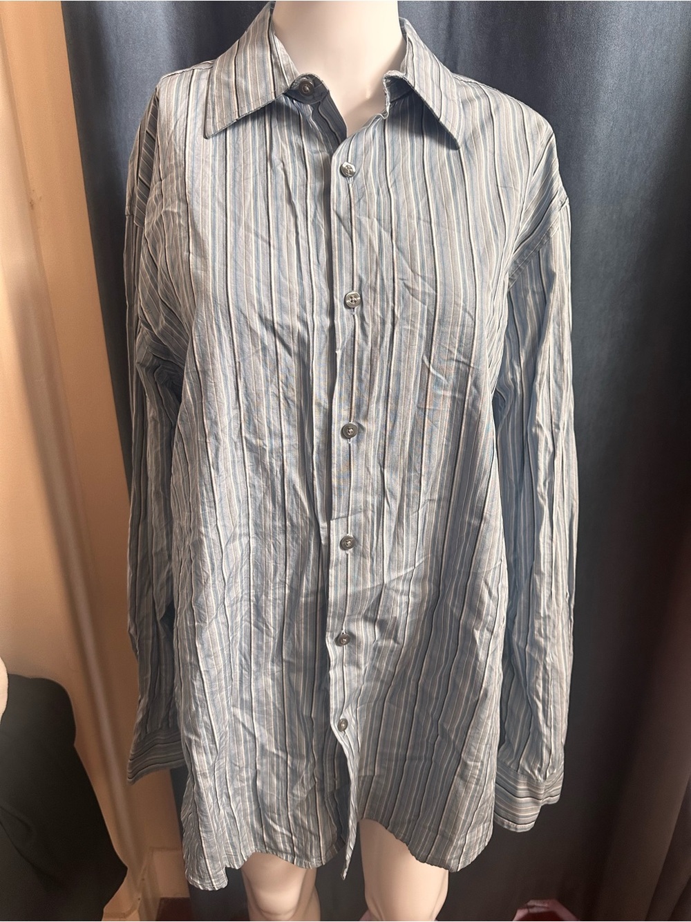 Y2K Alfani Men's 100% Cotton Striped Long Sleeve Button Down Shirt - Large